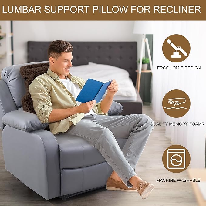 HOMBYS Sherpa Fleece Lumbar Support Pillow with Headrest for Recliner,Memory Foam Recliner Chair Cushion for Back Pain,Big High Back Support for Recliner with Chair Headrest for Elderly (Dark Coffee)