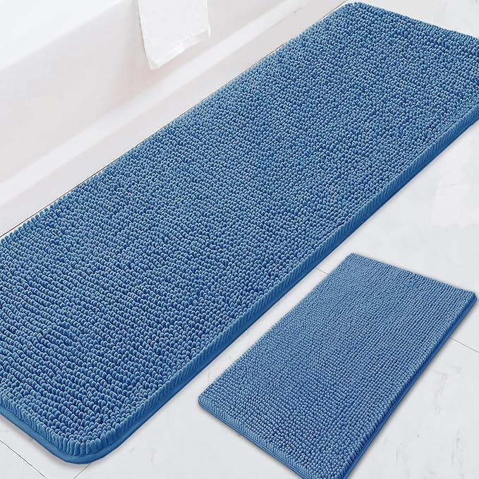 BOANKODU Bathroom RugsSets 2 Piece，59X24+16X24Inch，Absorbent Non-Slip Very Soft Chenille Mat,Machine Washable （Fog Blue）