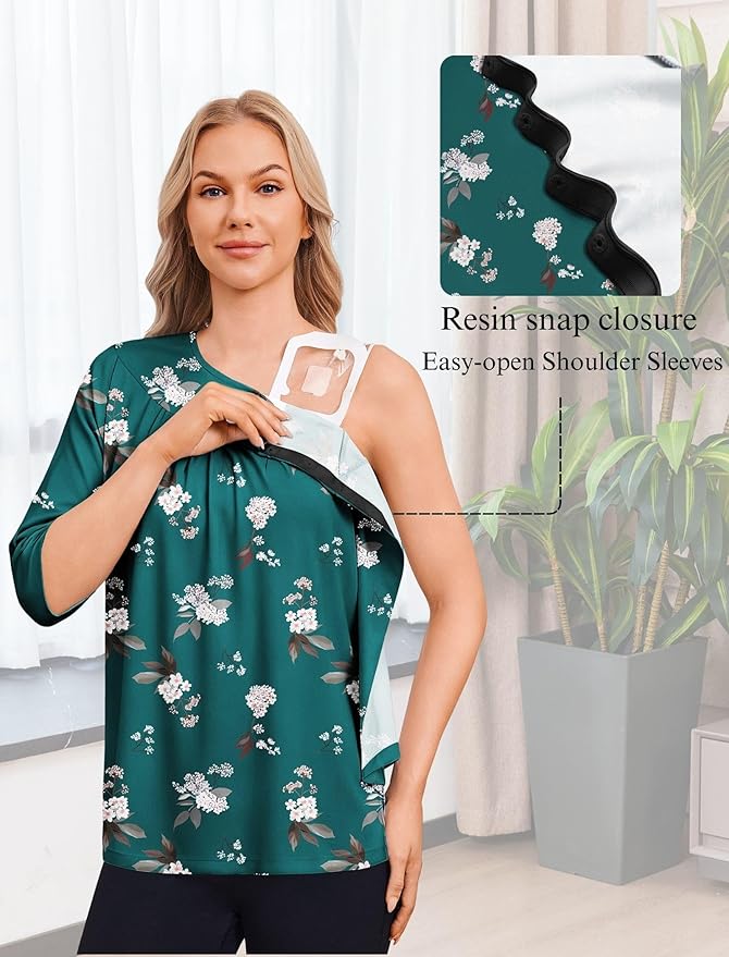 Deyeek Post Shoulder Surgery Shirt for Women Chemo Tear Away Shirt Snap Button 3/4 Sleeve Recovery Adaptive Clothing