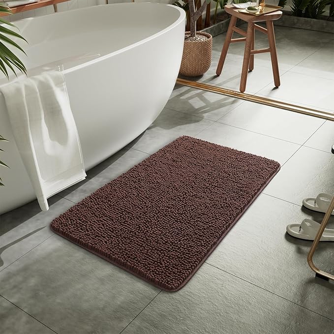LOCHAS Luxury Bathroom Rug Shaggy Bath Mat 20 x 30 Inch, Washable Non Slip Bath Rugs for Bathroom Shower, Soft Plush Chenille Absorbent Carpets Mats, Brown