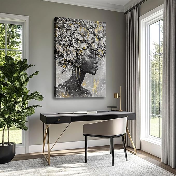 MLART99 African American Posters Black Woman Wall Art Gold and White Floral Canvas Artwork for Living Room Modern Photo Prints for Home 24x36 Inch Bedroom Pictures Wall Decor
