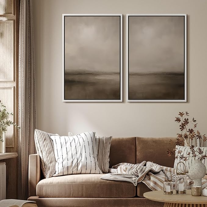 MUDECOR Framed Canvas Print Wall Art Abstract Brown and Taupe Modern Minimalist Misty Landscape Illustrations Modern Art Decorative Bohemian for Living Room, Bedroom, Office - 24"x36"x2 White