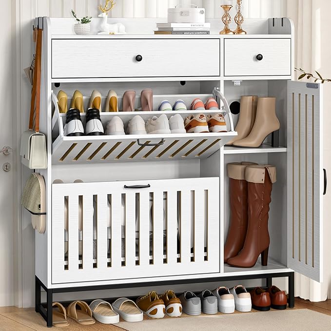 Shoe Cabinet with 2 Flip Cabinets & Side Cabinet, Shoes Cabinet with Adjustable Shelves, Shoe Storage Organizer for Entryway, Hallway Living Room, Space-Saving, White