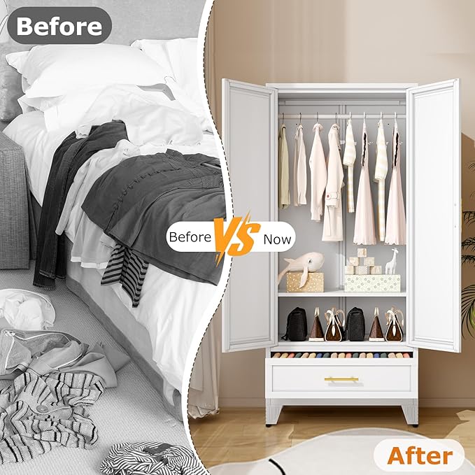 Metal Wardrobe Storage Cabinet with Mirror and Hanging Rod,71'' Metal Clothing Cabinet with 2 Doors and Drawer for Bedroom, Laundry Room, Cloak Room (White)
