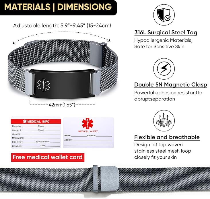 VNOX Medical Alert Id Bracelet for Men Women, Custom Engraving Adjustable Stainless Steel Customizable Mesh Emergency Survival Medic Bracelets Wristband Loop Band with Replacement Tag