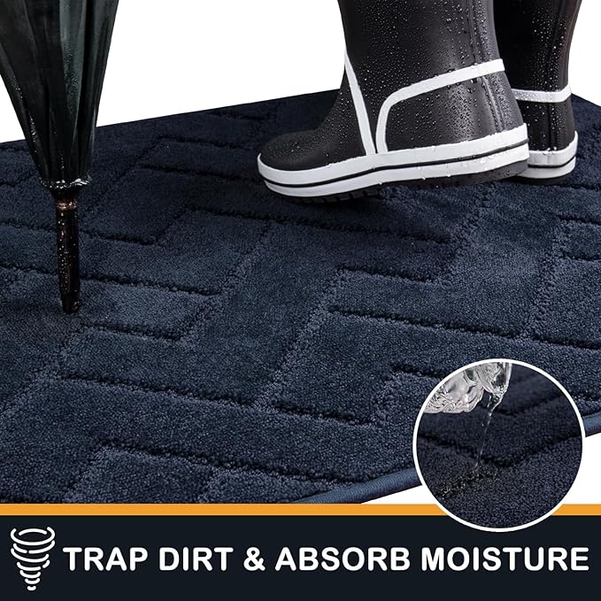 PURRUGS Dirt Trapping Door Mat 24" x 35.5", Non-Slip Machine Washable Entry Rug, Shoe Scraper, Dog Doormat, Super Absorbent Welcome Mat for Front & Back Door, Muddy Wet Shoes & Paws, Navy Blue