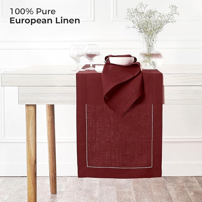 D'Moksha Homes Linen Dark Red Table Runner 60 Inches - Classic Hemstitch, 100% Pure Linen Coffee Table Runner 14 x 60 Inch Ideal for Dresser Tables, Valentines, Spring