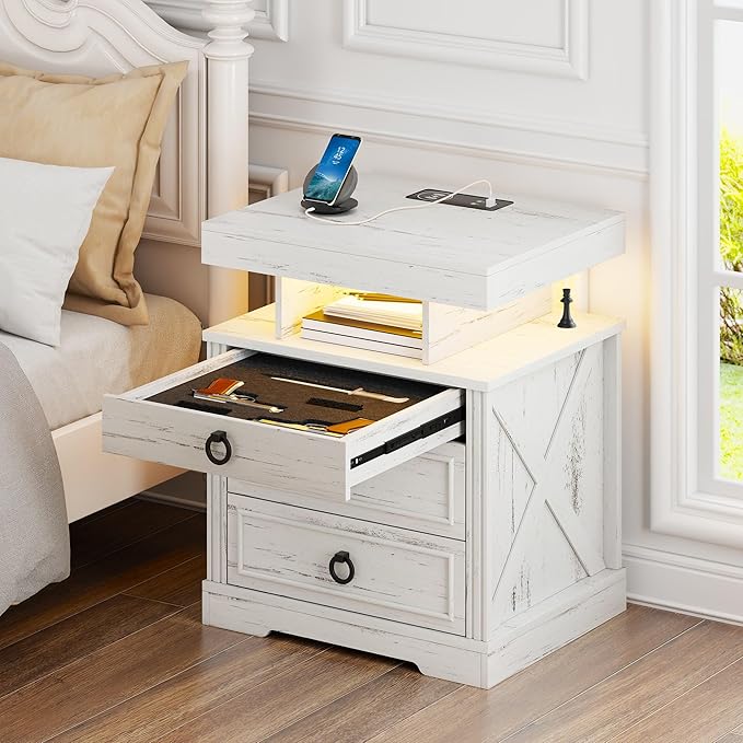 Gurexl Farmhouse Set of 2 Night Stand with Lockable Gun Drawer,LED Nightstand with Charging Station,Bedside Table with Human Sensor 3-Color Lights,End Table with 3 Drawers,Bedroom,White
