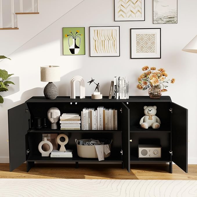 59" Sideboard Buffet Cabinet with Storage, Wood Arched TV Console Storage Cabinet with 3 Doors and Adjustable Shelf, Large Curved Accent Cabinet for Living Room Hallway Kitchen Dining Room, Black