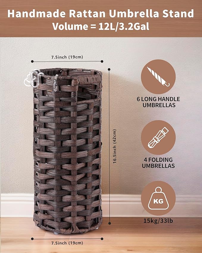 Rattan Umbrella Stand, Umbrella Holder for Entryway, Hand Woven Umbrella Rack Organizer Freestanding, with a Detachable Drip Tray, 4 Hooks, 7.5" L x 7.5" W x 16.5" H, Brown