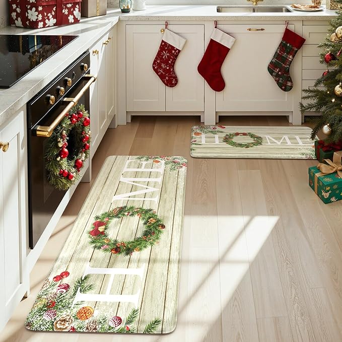 KIMODE Christmas Kitchen Mat 2PCS,Anti Fatigue Farmhouse Kitchen Rugs Non Slip,Waterproof Kitchen Floor Mat,Cushioned Comfort Standing Mat,Christmas Decorations for Home Kitchen