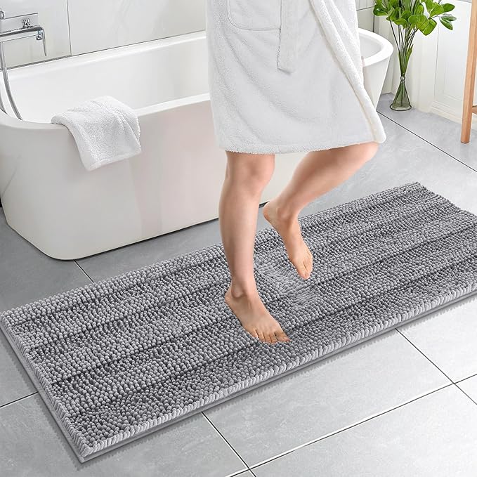 OLANLY Thick Bathroom Rugs 59x20, Extra Soft Absorbent Chenille Striped Bath Rugs, Rubber Backing, Machine Wash Dry, Bath Mats for Bathroom Floor, Tub and Shower, Home Decor Accessories, Grey