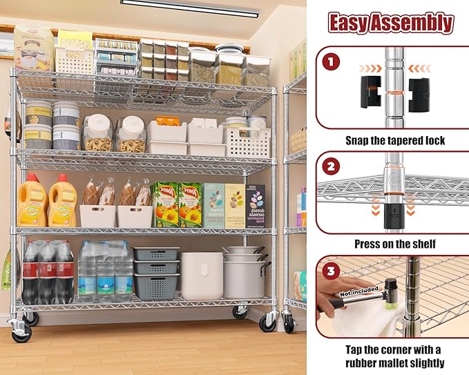 PrimeZone 4 Tier 55.5" Wx24 Dx76 H Wire Shelving with Wheels 2400lbs NSF Certified Storage Shelves Heavy Duty Metal Shelf Adjustable Rolling Rack Commercial Garage Restaurant Warehouse Chrome 4Pack