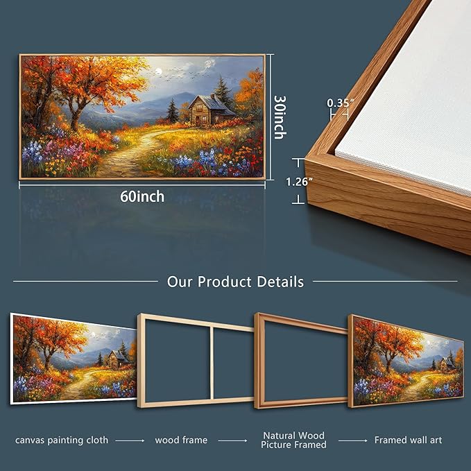 FUHAIHUA Wood Framed Canvas Wall Art For Living Room Large Wall Decor For Office Bedroom Decoration Reddish Orange Tree Picture Farmhouse Painting Artwork Room Wall Mural Aesthetic Home Decor 30x60