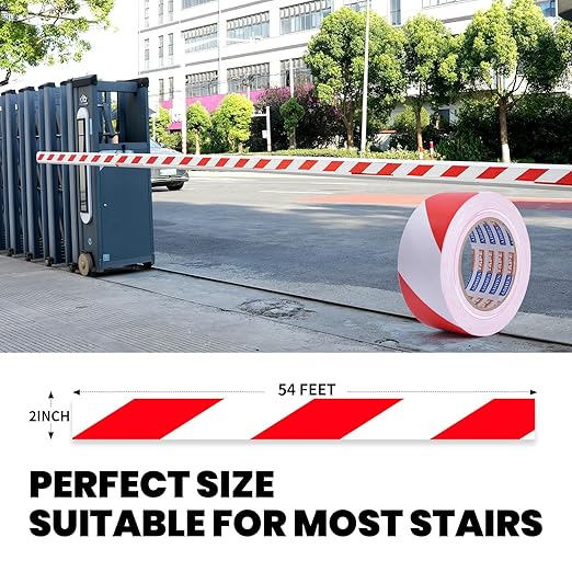 ADHES Red & White Hazard Warning Safety Tape, 2 Inch x 35 Yards x 2 Rolls High Visibility Wear Resistant Floor Marking Caution Tape for Indoor & Outdoor, Gym, Factory, Parking, School and More
