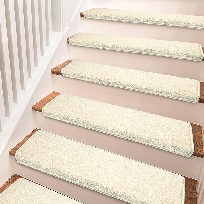 PURE ERA Bullnose Carpet Stair Treads Set Tape Free Non-Slip Indoor Stair Protectors Pet Friendly Rugs Covers Soft Skid Resistant Washable Reusable 9.5" x 30" (14 Pieces, Light Beige)