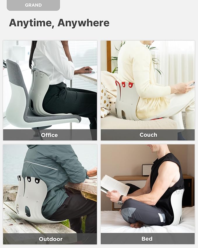 Curble GRAND(Extra Wide & Sturdy) 2PACK – Ergonomic Chair Back Support, Lumbar Support for Posture Correction, Back Pain Relief, Perfect for Office Chair, Floor Seat, Work from Home, Patented(2P Grey)