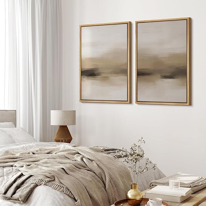MUDECOR Framed Canvas Print Wall Art Abstract Neutral Beige Contemporary Minimalist Landscape Illustrations Modern Art Decorative Bohemian for Living Room, Bedroom, Office - 24"x36"x2 Natural