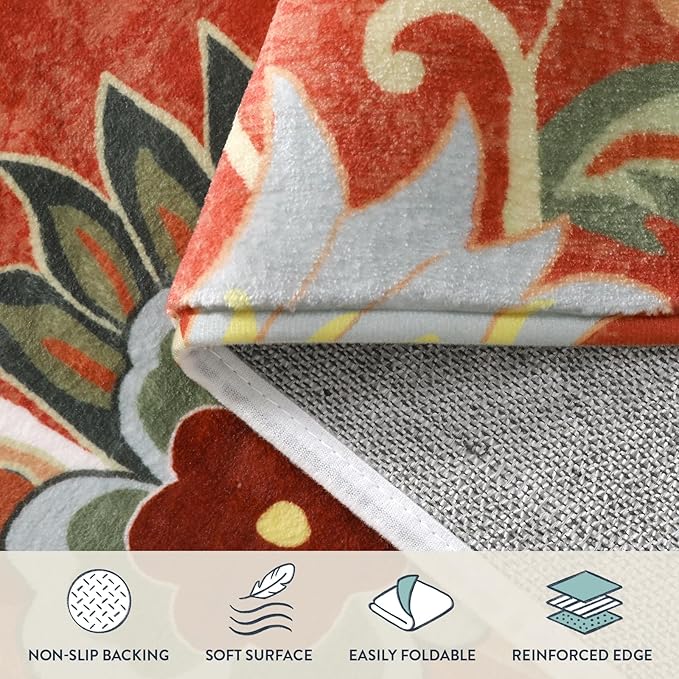 Lahome Floral Red 3x5 Area Rug, Washable Kitchen Fall Rugs Non-Slip ‎Stain Resistant Soft Throw Low-Pile Carpet for Bedroom, Christmas Paisley Print Floor Carpet for Living Room Entryway Office