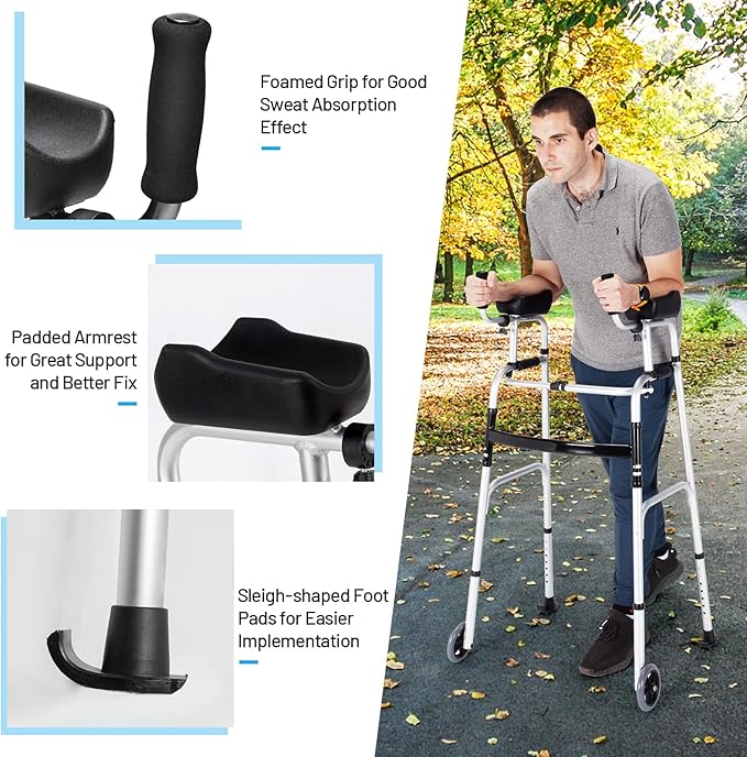 Goplus Walkers for Seniors, Foldable Standard Walker with 5’’ Wheels and Removable Padded Armrests 440lbs, Lightweight Walking Mobility Aid, Folding Platform Walker for Elderly, Handicap, Disabled