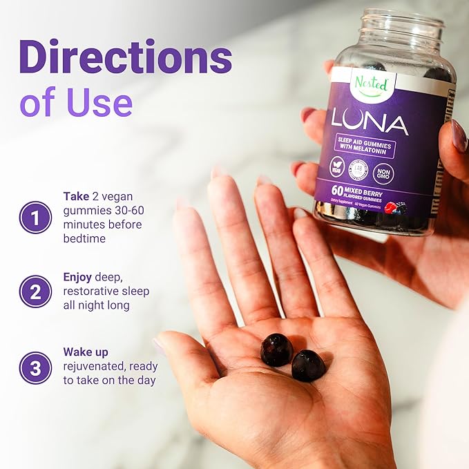 Nested Naturals Luna Sleep Gummies - Non-Habit Forming Melatonin Gummies 3mg with L-Theanine, Valerian Root, GABA, and Lemon Balm - Sleep Gummy for Adults - Mixed Berry, 60 Vegan Gummies