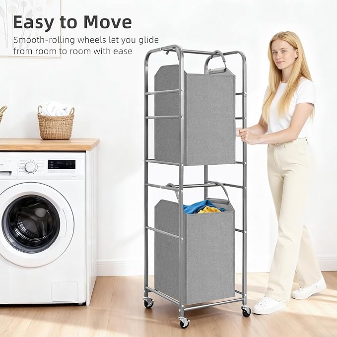 STORAGE MANIAC 2 Tier Vertical Laundry Hamper, 2 Section Laundry Sorter with 2 Removable Tote Bags, Rolling Clothes Basket for Towels, Blankets, Tall Dirty Clothes Hamper for Closet, Bathroom, 2 Bags
