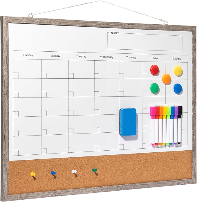 Dry Erase Calendar Whiteboard, 24" x 18" Magnetic Whiteboard Cork Board Combo, Reusable Monthly Planner with 8 Markers, Eraser, Magnets and Pushpins, Hanging Dry Erase Board for Home, School - Gray