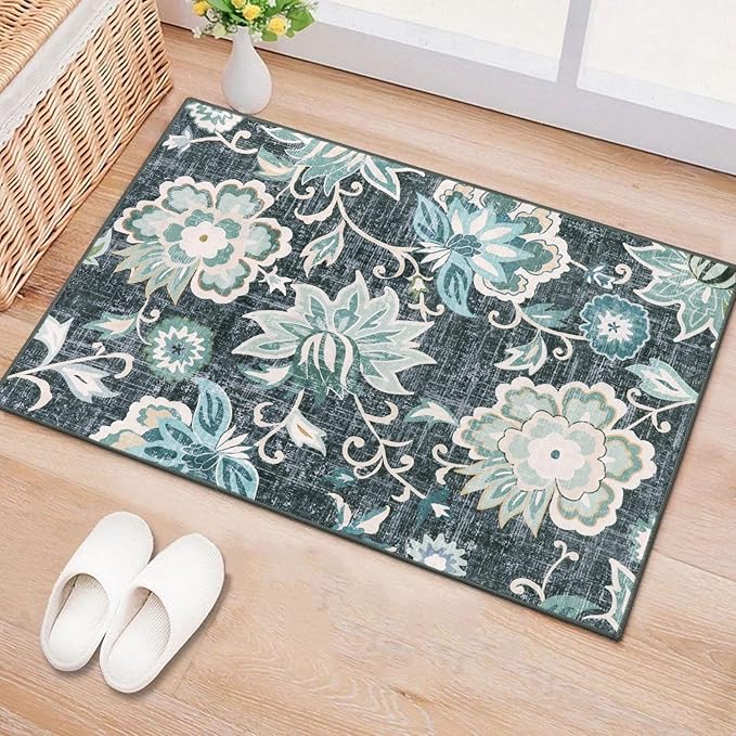 Beeiva Floral Entry Rugs for Inside House,2x3 Non Slip Washable Kitchen Rug Front Door Mat, Ultra Thin Doormat Non-Shedding Throw Carpet for Bedroom Bathroom (Blue,2'x3')