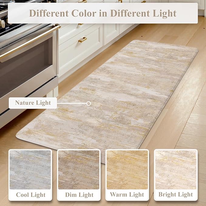 Collive Kitchen Mats Cushioned Anti Fatigue, Abstract Kitchens Floor Mat Non Slip Desk Rugs Waterproof, Beige Memory Foam Comfort Standing Rug for Sink, Home Decor, 17"x59"+17"x29"