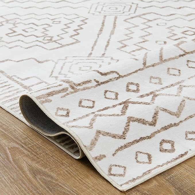 jinchan Moroccan 6x9 Area Rugs for Living Room - Machine Washable Soft Modern Geometric Stain Resistant Ultra-Thin Low-Pile Large Rug Non-Slip Carpet for Bedroom Kitchen Dining Room (6x9ft, Taupe)