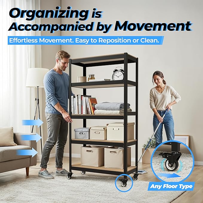 HOMEDANT House 48.1" 5-Tier Metal Rolling Cart Shelf Rack Casters Heavy Duty Laminated Wheel Shelving Unit Adjustable Utility Storage Shelves Shelf Kitchen Garage Black 1Pack