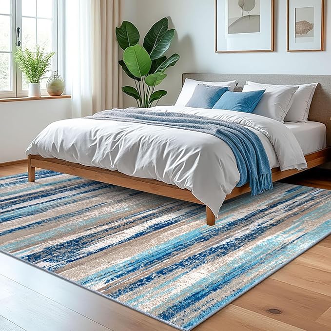 Modern Abstract 5x7 Machine Washable Area Rug Non-Slip Soft Bedroom Living Romm Rug Blue Ultra Thin Print Faux Wool Floor Carpet Throw Rugs for Nursery Playroom Dining Room Indoor Office
