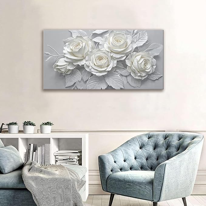 Suconvng Floral Wall Art Living Room Minimalist Painting Aesthetic Wall Decor Modern 24" X 48" Canvas Art Wall Decor White Flower Wall Art Canvas Prints Artwork Pictures For Bedroom Kitchen Artwork
