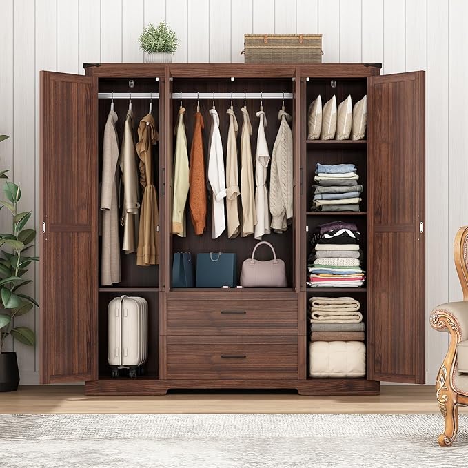 4 Doors Wardrobe Armoire Closet with Doors and Drawers, Farmhouse Wooden Armoire Storage Cabinet with Shelves & Hanging Rod for Bedroom, Brown