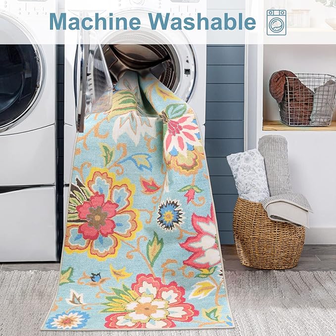 Beeiva Washable Kitchen 2x8 Runner Rug, Colorful Flower Rug Runners for Hallways with Rubber Backing, Floral Plant Non Skid Ultra Thin Carpet for Bathroom(Colorful,2'x8')