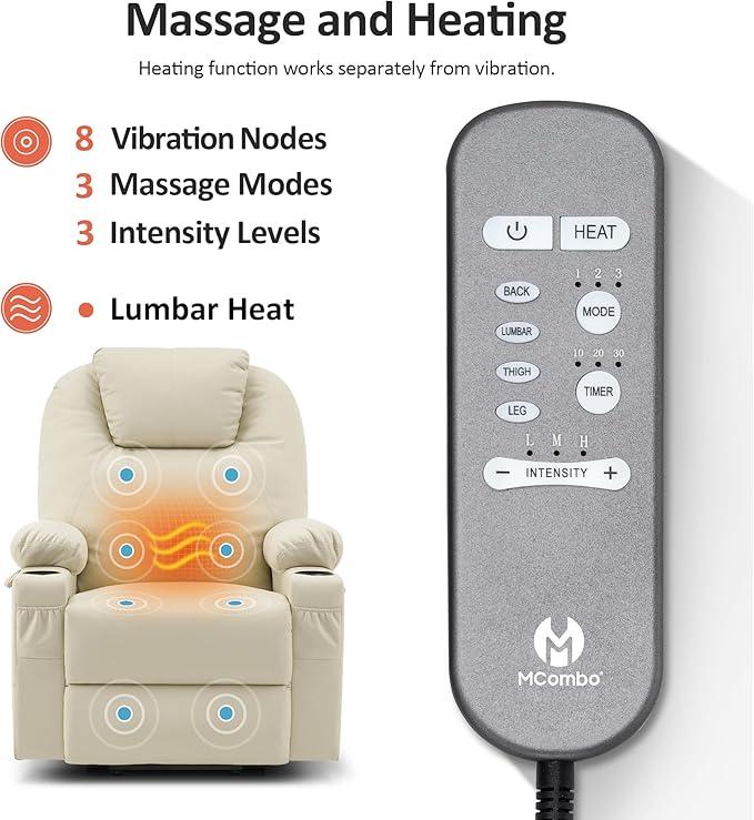 MCombo Large Power Lift Recliner Chair with Massage and Heat for Tall Elderly People, 3 Positions, Cup Holders, and USB Ports, Faux Leather 7516 (Large, Cream White)