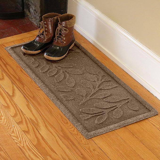 Waterhog Indoor/Outdoor Boot Tray Mat – Heavy-Duty Entrance Mat with Water Dam Technology for Mudrooms, Entryways, Patios, and Garages, Made in USA, Brittney Leaf Pattern, Camel, 15 x 36 Inches