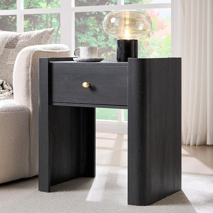 23.6" Tall Modern Nightstand with Charging Station, 22" Wide Curved Bedside Table with 1 Storage Drawer, Wooden Night Stand, Large End Table for Bedroom, Living Room, Dark Grey