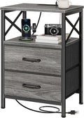 Huuger Night Stand with Charger Station, 2 Drawer Nightstand with Open Shelf, Bed Side Table with USB-C Port, End Table, Compact Size for Small Spaces, X Shaped Side Rail, Grey