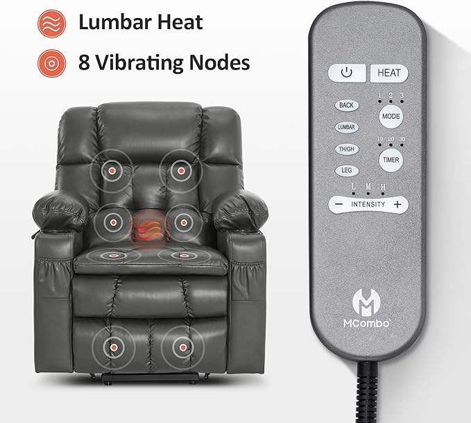 MCombo Dual Motor Small Power Lift Recliner Chair for Elderly, Lay Flat Lift Chair with Heat and Massage, Petite Lift Chair, Cup Holders, Faux Leather 7893 (Grey, Small)