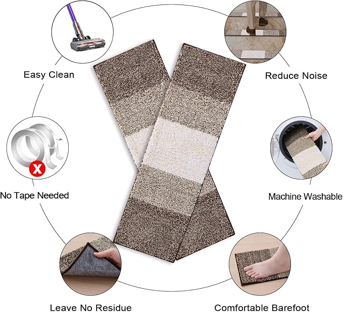 OLANLY Stair Treads Non Slip 15PCS, 8" x 30" Indoor Stair Runners for Wooden Steps, Edging Stair Rugs with Reusable Peel and Stick Adhesive for Kids Elders and Pets, Light Brown