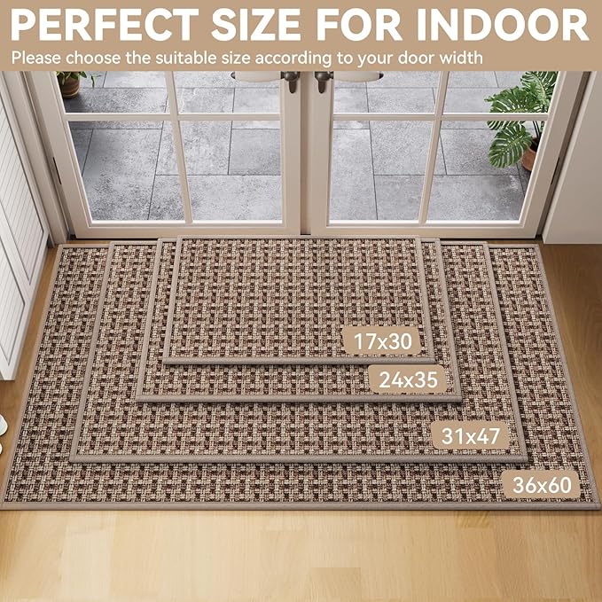 Door Mat 24"x35", Dirt Resistant and Absorbent, Non-Slip Rubber Backing Floor Mats, Easy Clean Low-Profile Doormat for Entryway, Front Door, Inside Entrance, Brown