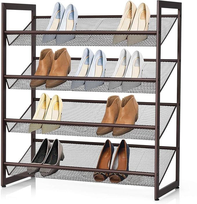 Giantex 4-Tier Metal Shoe Rack, Shoe Storage Organizer with Adjustable Angled or Flat Mesh Shelf for 12 to 16 Pairs of Shoes, Freestanding Shoe Shelf for Bedroom, Entryway, Closet, Hallway