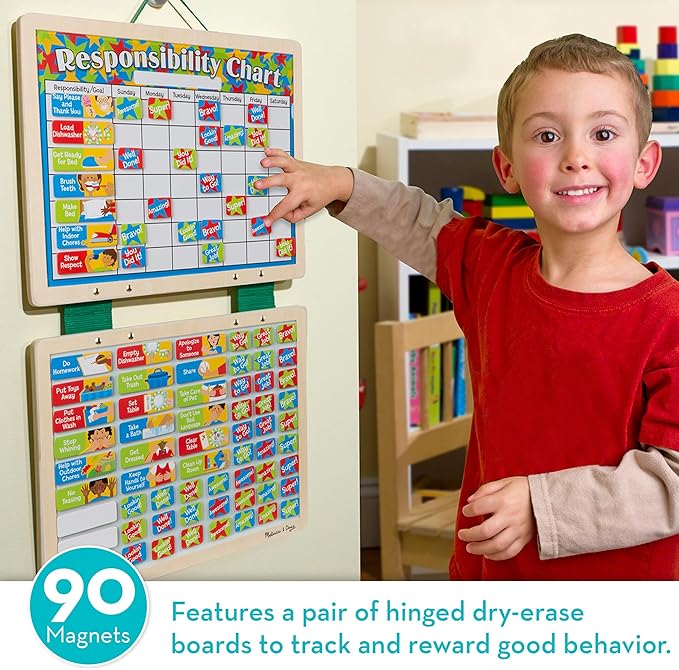 Melissa & Doug Magnetic Wooden Responsibility Chart Toddler Routine, Kids Reward Board, Chores Chart, Responsibility Tool for Kids Ages 3+