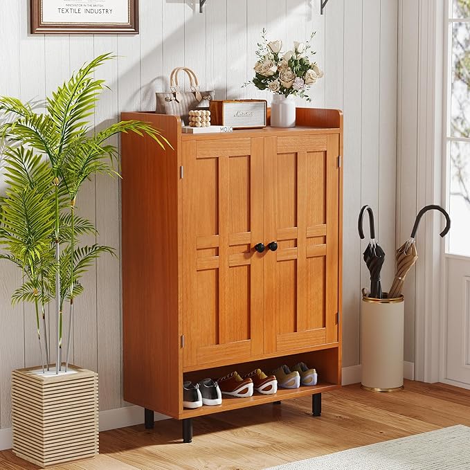 Entrance Shoe Cabinet with Doors,6-Tier Farmhouse Shoe Storage Organizer with Adjustable Shelves Holds 18-27 Pairs and Metal Legs, Entry Organizer Entryway, Living Room (Walnut)