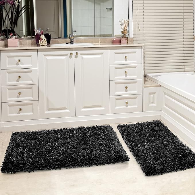 Yimobra Bathroom Rug Set 2 Piece, Luxury Shaggy Bath Mat Set with Non Slip Backing, Ultra Soft & Absorbent Mats for Bathroom Floor, Machine Washable, 44"x24"+24"x17", Black