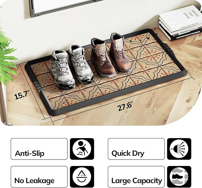 Mibao Boot-Tray Heavy Duty Rubber Shoe Mat with Lip Waterproof Shoe Tray for Entryway Indoor Outdoor Multi Use, Non-Slip Shoe Cleaning Shoe Storage with Artistic Prints, 16" x 27.5", Brown