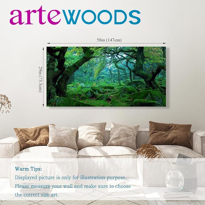 Green Forest Canvas Wall Art Living Room Decoration Big Trees Nature Picture Large Modern Canvas Artwork Contemporary Woods Mossy Rock Spring Season Prints for Kitchen Office Home Decoration 29" x 58"