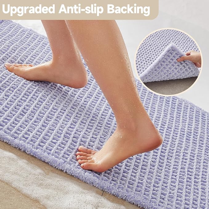 Waffle Runner Rug Bathroom, Boho Bathroom Rugs Non Slip Washable Long Super Absorbent Quick Dry Cute Bath Mat Farmhouse Bath Mat, 60''x24'' Lavender Cream