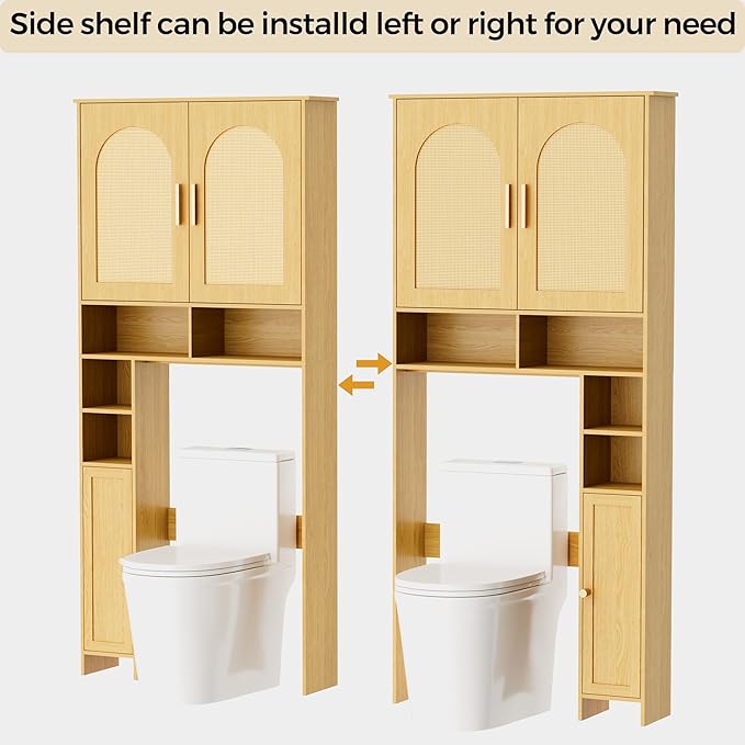 Homhedy 67" H Over The Toilet Storage Cabinet, Boho Bathroom Organizer with Rattan Decorated Doors, Adjustable Shelves, Toilet Paper Holder, Space-Saving Bathroom Shelf for Small Spaces, Natural